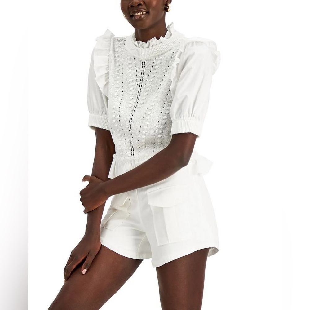 INC Cable Knit Sweater White Short Sleeve Top